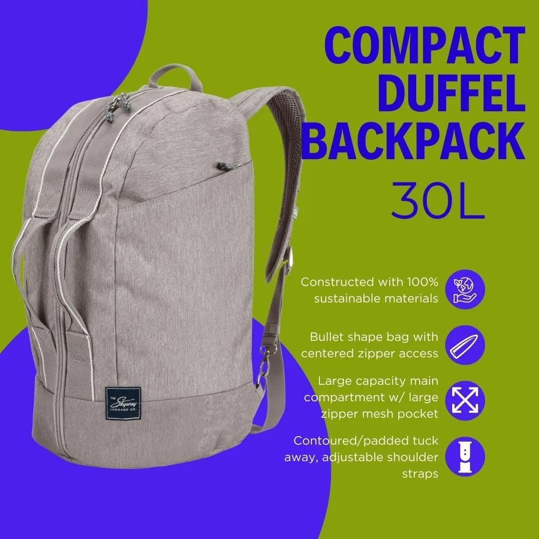 Skyway Luggage Rainier Compact Duffel Backpack, Eco-Friendly, Made of 100% rPET Travel Laptop Bag for Women & Men, Flight Approved Carry On Bag, 30L, Zion Gray