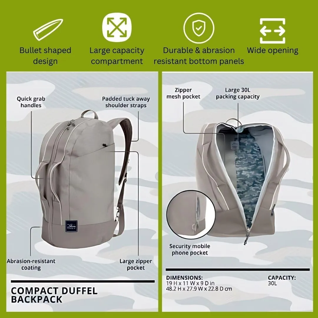 Skyway Luggage Rainier Compact Duffel Backpack, Eco-Friendly, Made of 100% rPET Travel Laptop Bag for Women & Men, Flight Approved Carry On Bag, 30L, Zion Gray