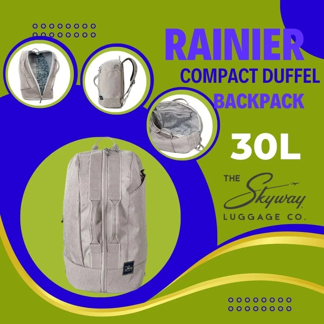 Skyway Luggage Rainier Compact Duffel Backpack, Eco-Friendly, Made of 100% rPET Travel Laptop Bag for Women & Men, Flight Approved Carry On Bag, 30L, Zion Gray