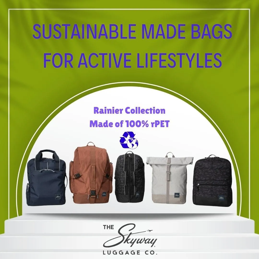 Skyway Luggage Rainier Compact Duffel Backpack, Eco-Friendly, Made of 100% rPET Travel Laptop Bag for Women & Men, Flight Approved Carry On Bag, 30L, Zion Gray
