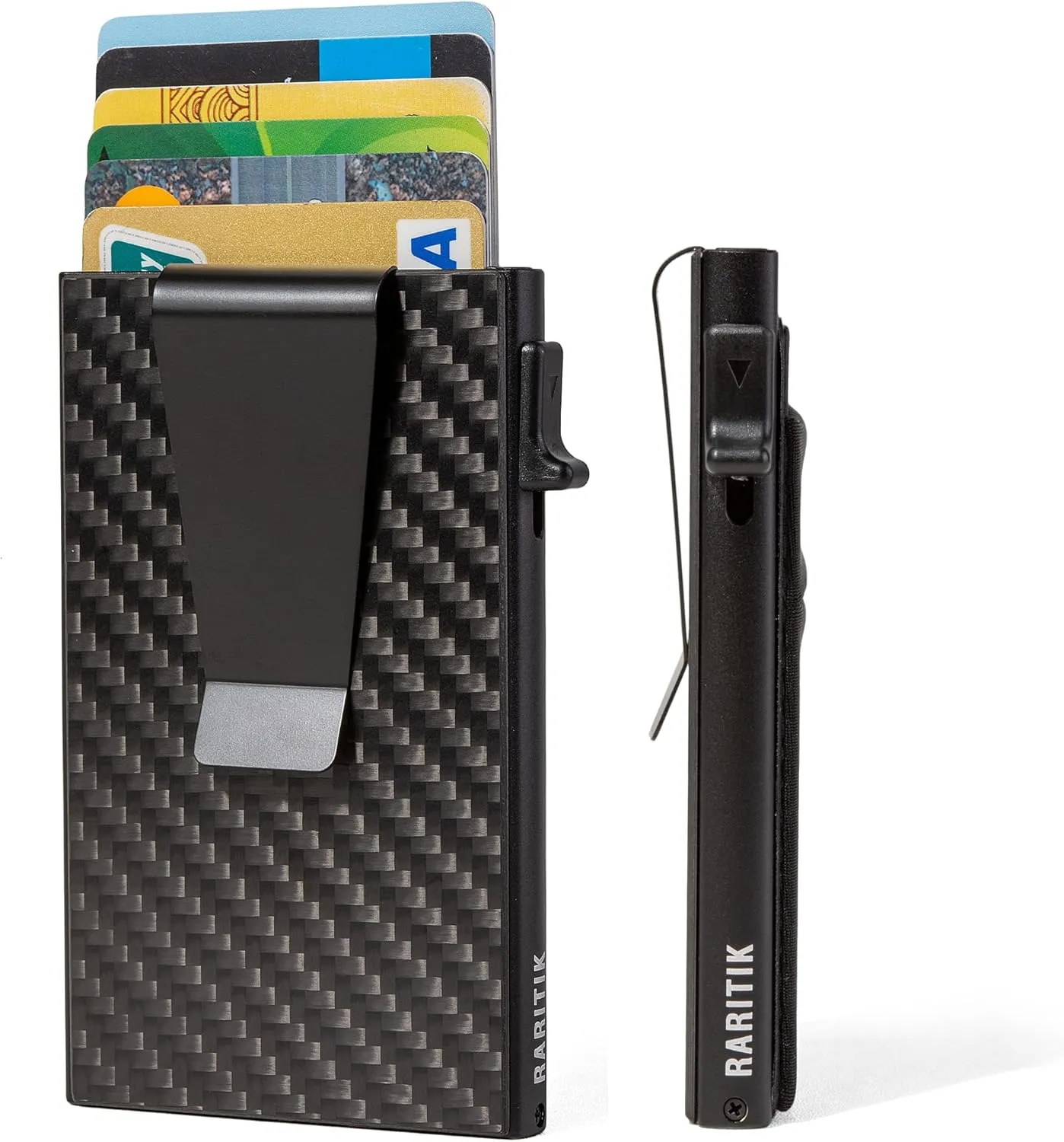 Slim Wallet for Men - Pop up Card Holder RFID Blocking Minimalist Business Credit Card Wallet with Money Pocket & Money Clip Metal Card Case for Notes and Coins and Debit Cards, Carbon Fiber