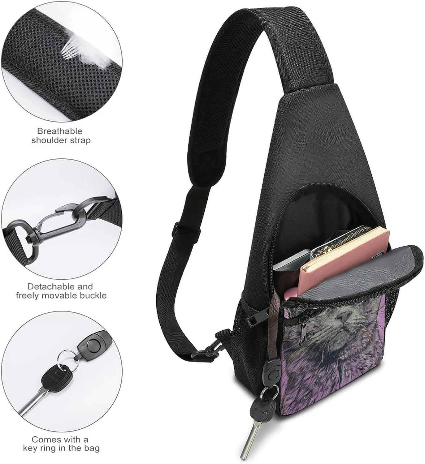 Sling Backpack for Women Men Crossbody Chest Bag Travel A Gray Cat Daypack Shoulder Bag for Hiking