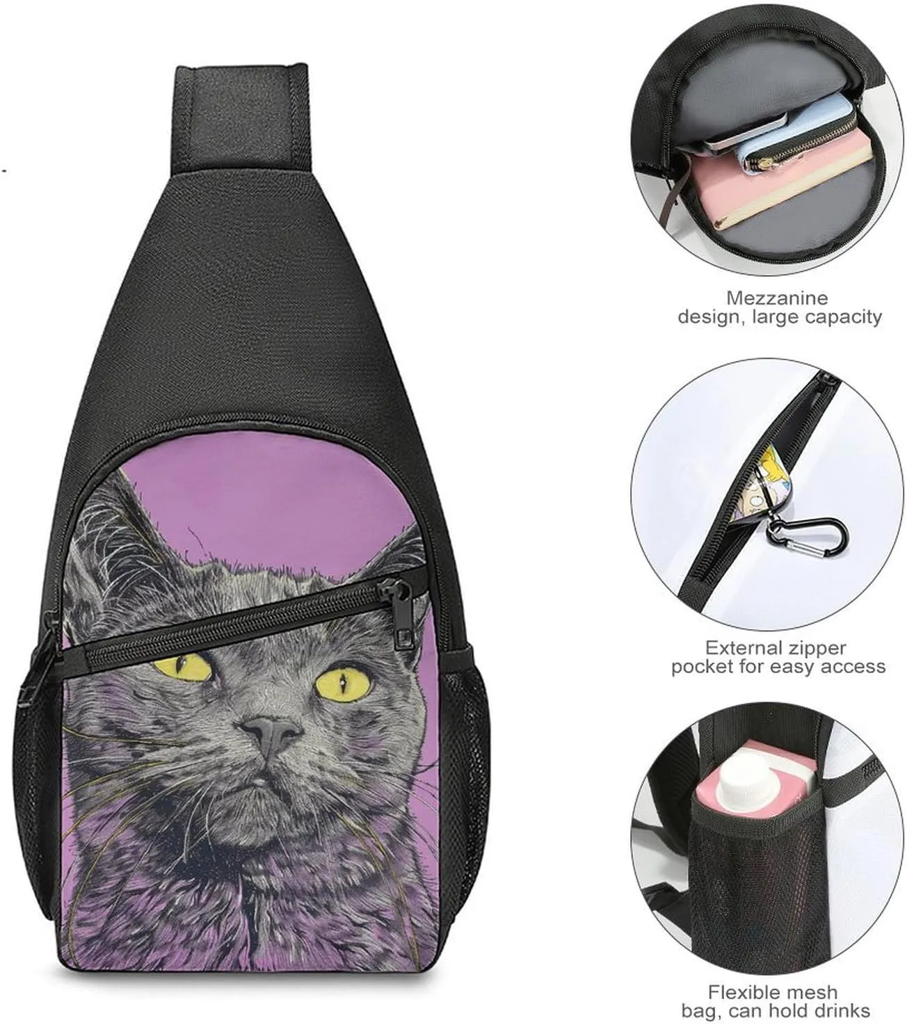 Sling Backpack for Women Men Crossbody Chest Bag Travel A Gray Cat Daypack Shoulder Bag for Hiking