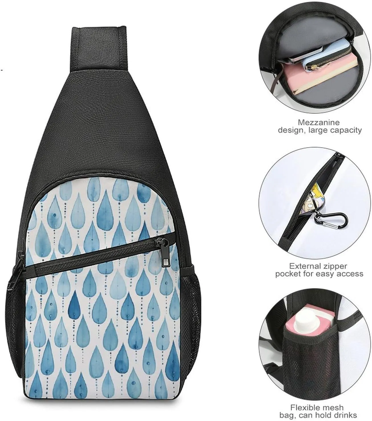 Sling Backpack for Women Men Crossbody Chest Bag Travel Blue Raindrops Daypack Shoulder Bag for Hiking