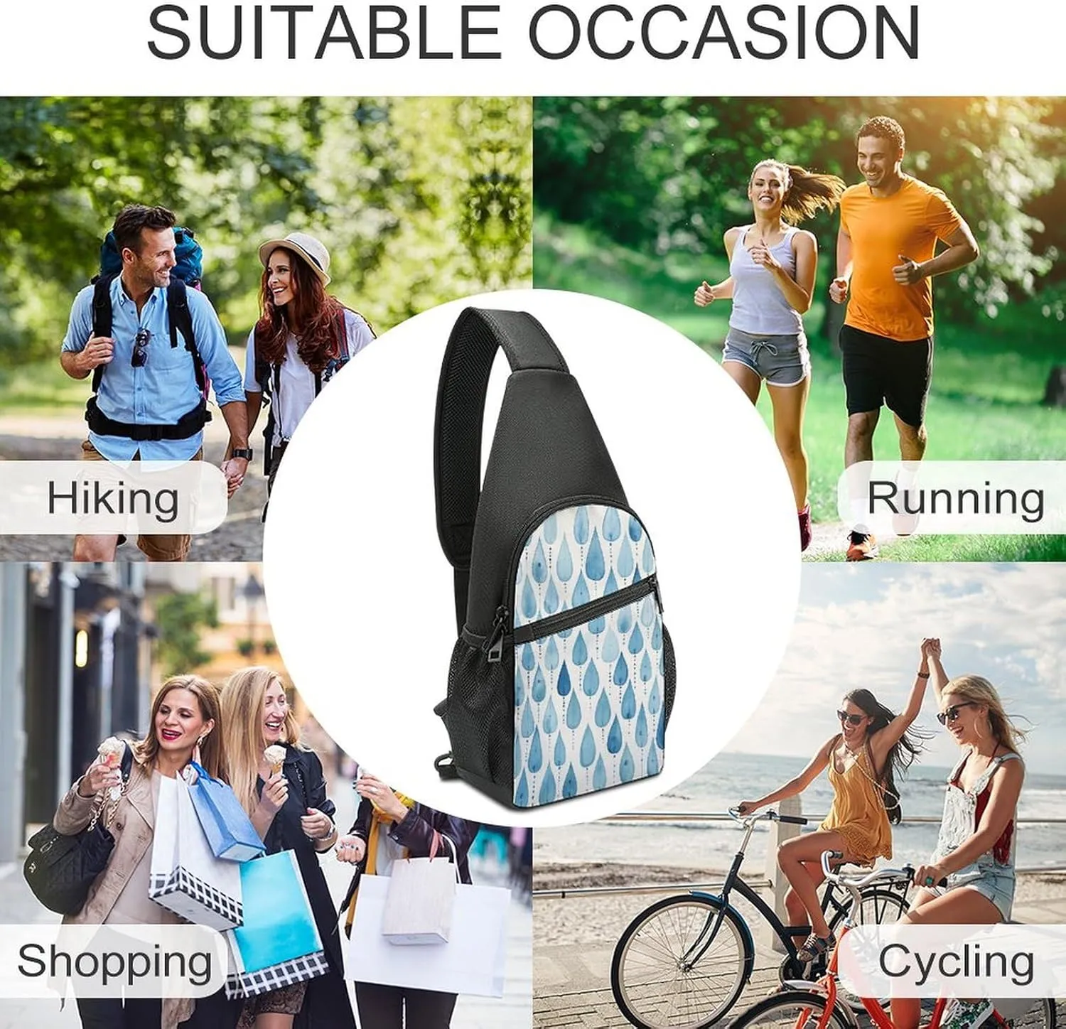 Sling Backpack for Women Men Crossbody Chest Bag Travel Blue Raindrops Daypack Shoulder Bag for Hiking