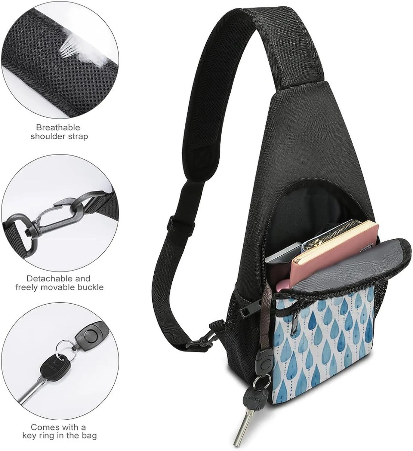 Sling Backpack for Women Men Crossbody Chest Bag Travel Blue Raindrops Daypack Shoulder Bag for Hiking