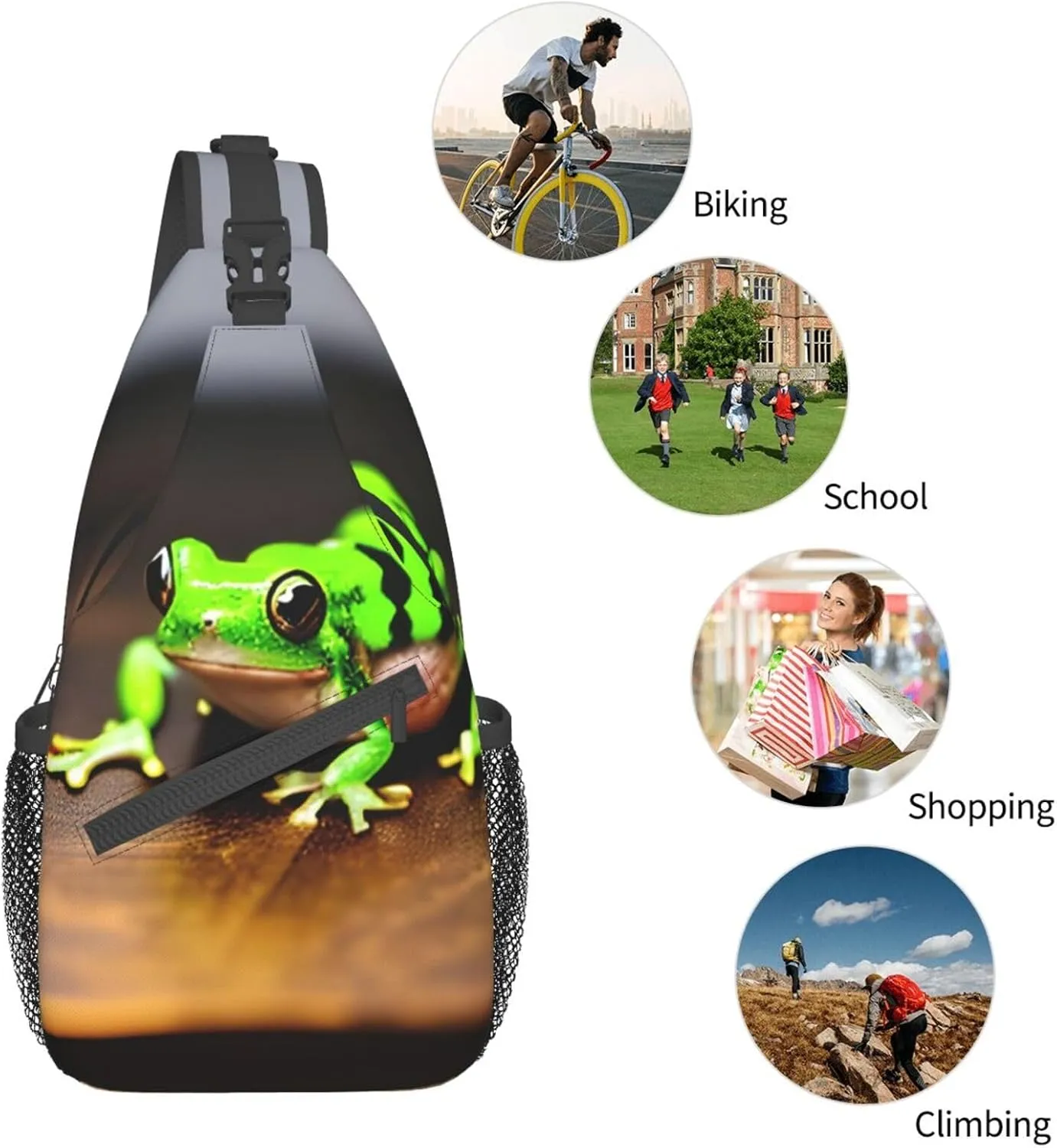 Sling Backpack,Men Cross Chest Bag Diagonally,Durable Adjustable Outdoor Cycling Travel Bag,Cute And Funny Funny Frogs Print