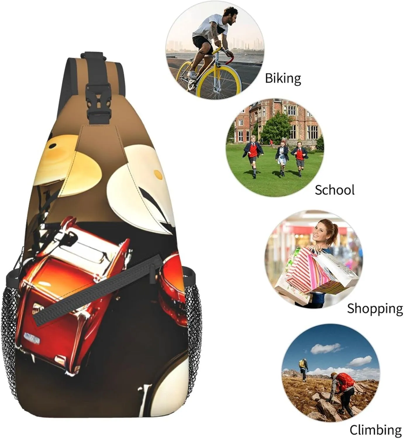 Sling Backpack,Men Cross Chest Bag Diagonally,Durable Adjustable Outdoor Cycling Travel Bag,Drum Set-Standard Print