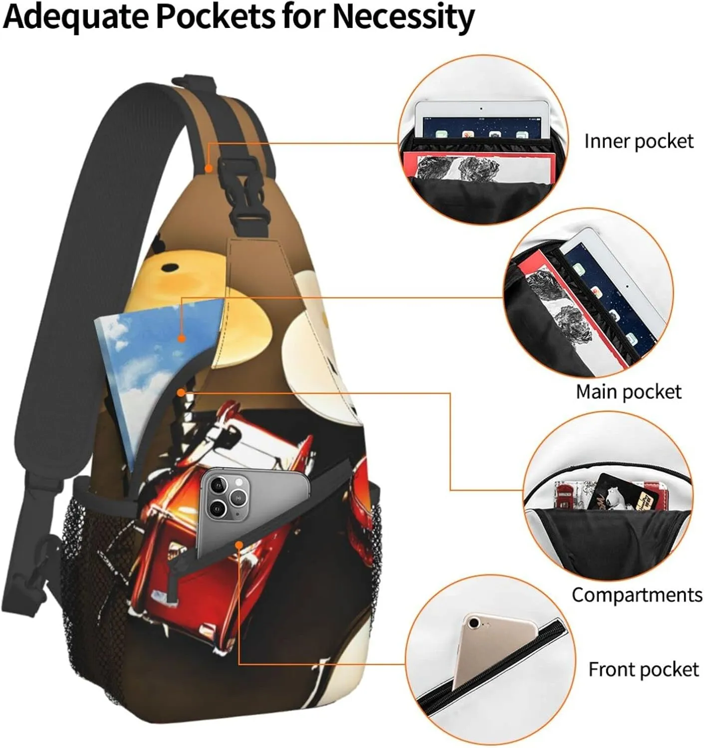 Sling Backpack,Men Cross Chest Bag Diagonally,Durable Adjustable Outdoor Cycling Travel Bag,Drum Set-Standard Print