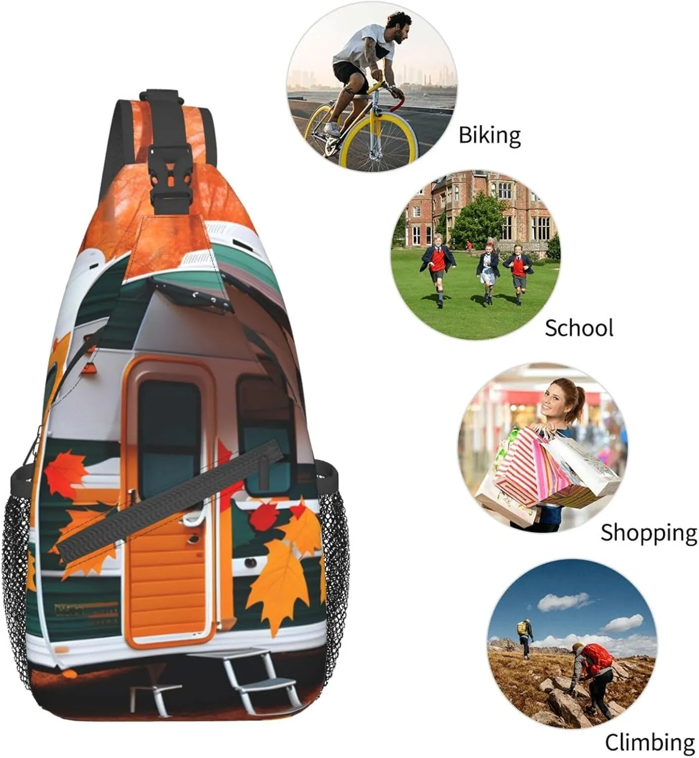 Sling Backpack,Men Cross Chest Bag Diagonally,Durable Adjustable Outdoor Cycling Travel Bag,Happy Fall Camper Leaf Print