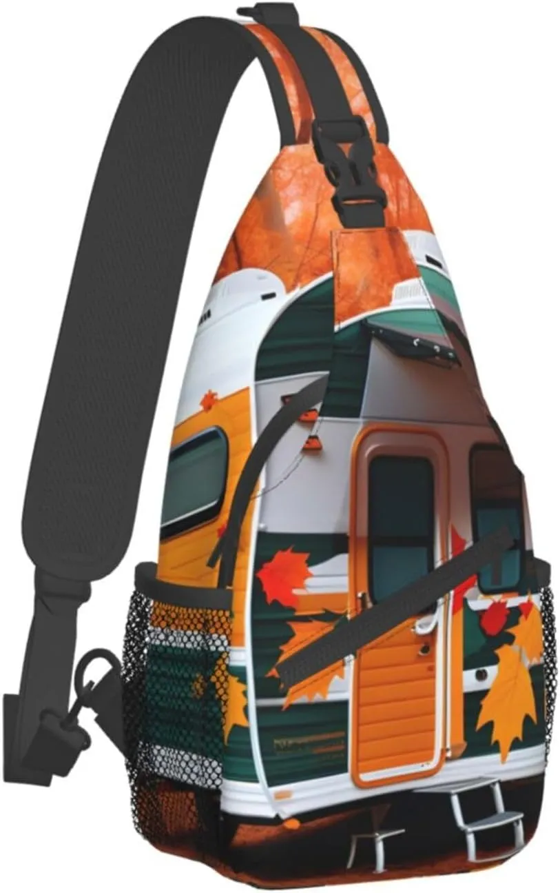 Sling Backpack,Men Cross Chest Bag Diagonally,Durable Adjustable Outdoor Cycling Travel Bag,Happy Fall Camper Leaf Print
