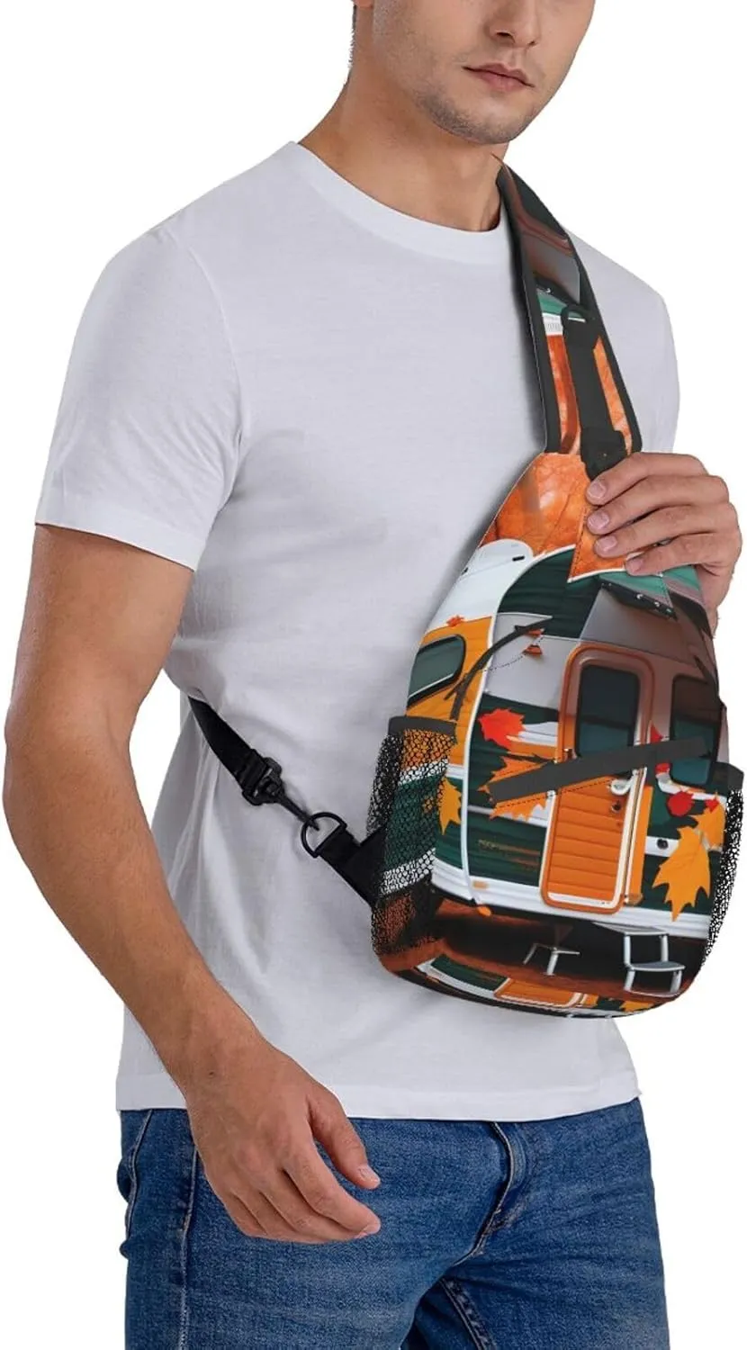 Sling Backpack,Men Cross Chest Bag Diagonally,Durable Adjustable Outdoor Cycling Travel Bag,Happy Fall Camper Leaf Print