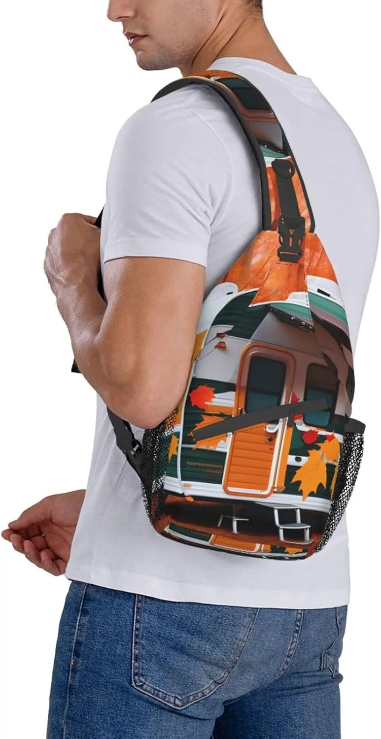 Sling Backpack,Men Cross Chest Bag Diagonally,Durable Adjustable Outdoor Cycling Travel Bag,Happy Fall Camper Leaf Print