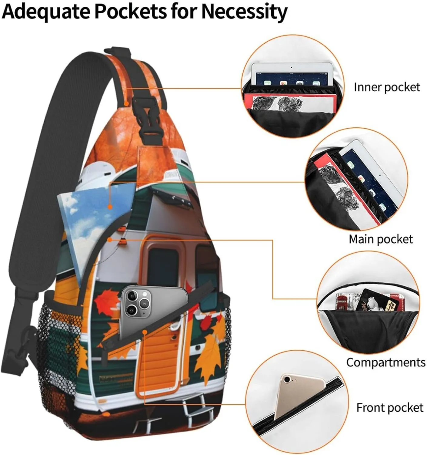 Sling Backpack,Men Cross Chest Bag Diagonally,Durable Adjustable Outdoor Cycling Travel Bag,Happy Fall Camper Leaf Print