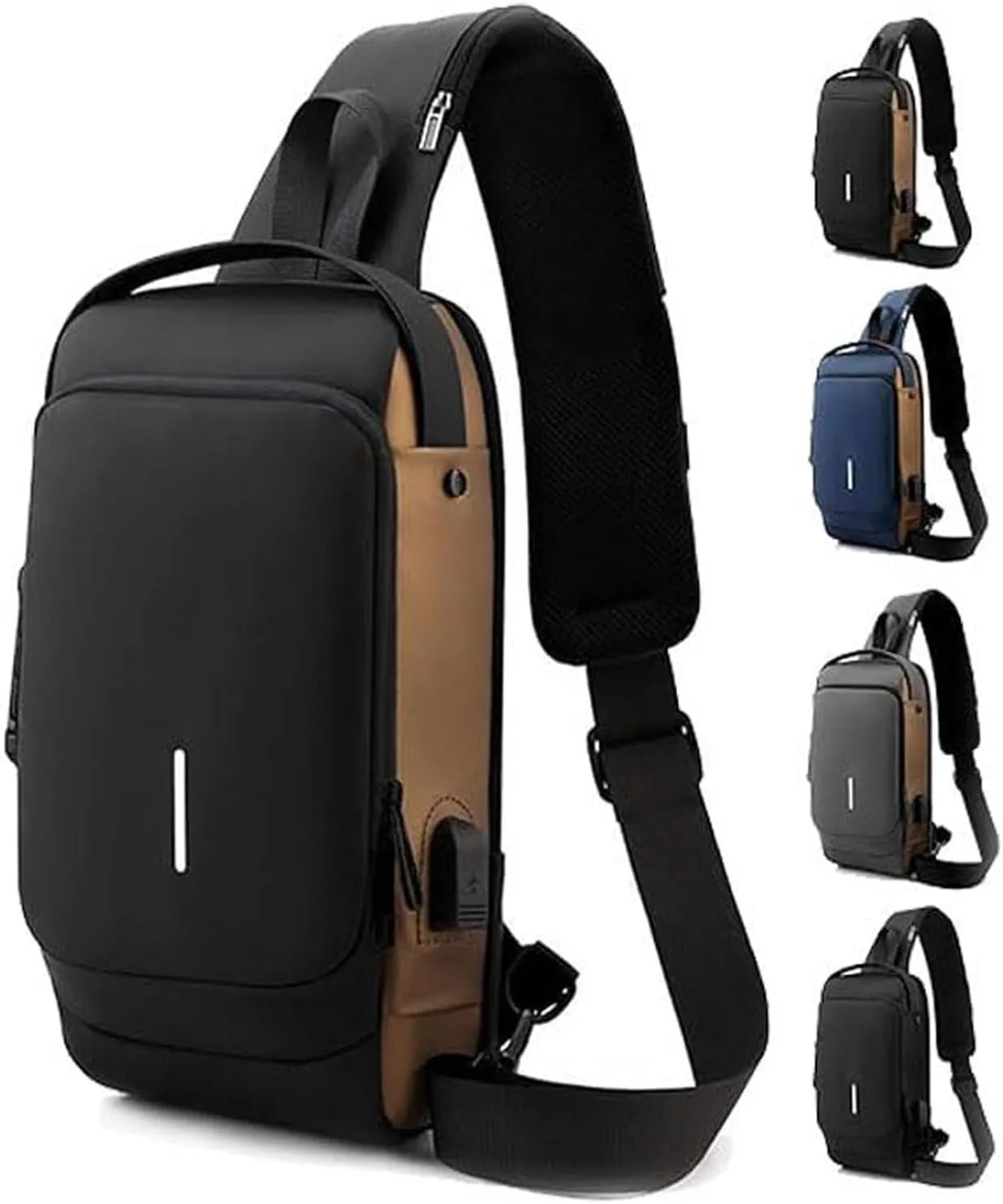 Sling Crossbody Anti-Theft Bag, Carbon Fiber Streamline Anti-Theft Sling Bags, Waterproof USB Charging Sports Backpack (Black Gold)