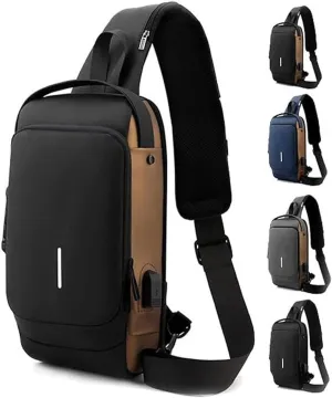 Sling Crossbody Anti-Theft Bag, Carbon Fiber Streamline Anti-Theft Sling Bags, Waterproof USB Charging Sports Backpack (Black Gold)