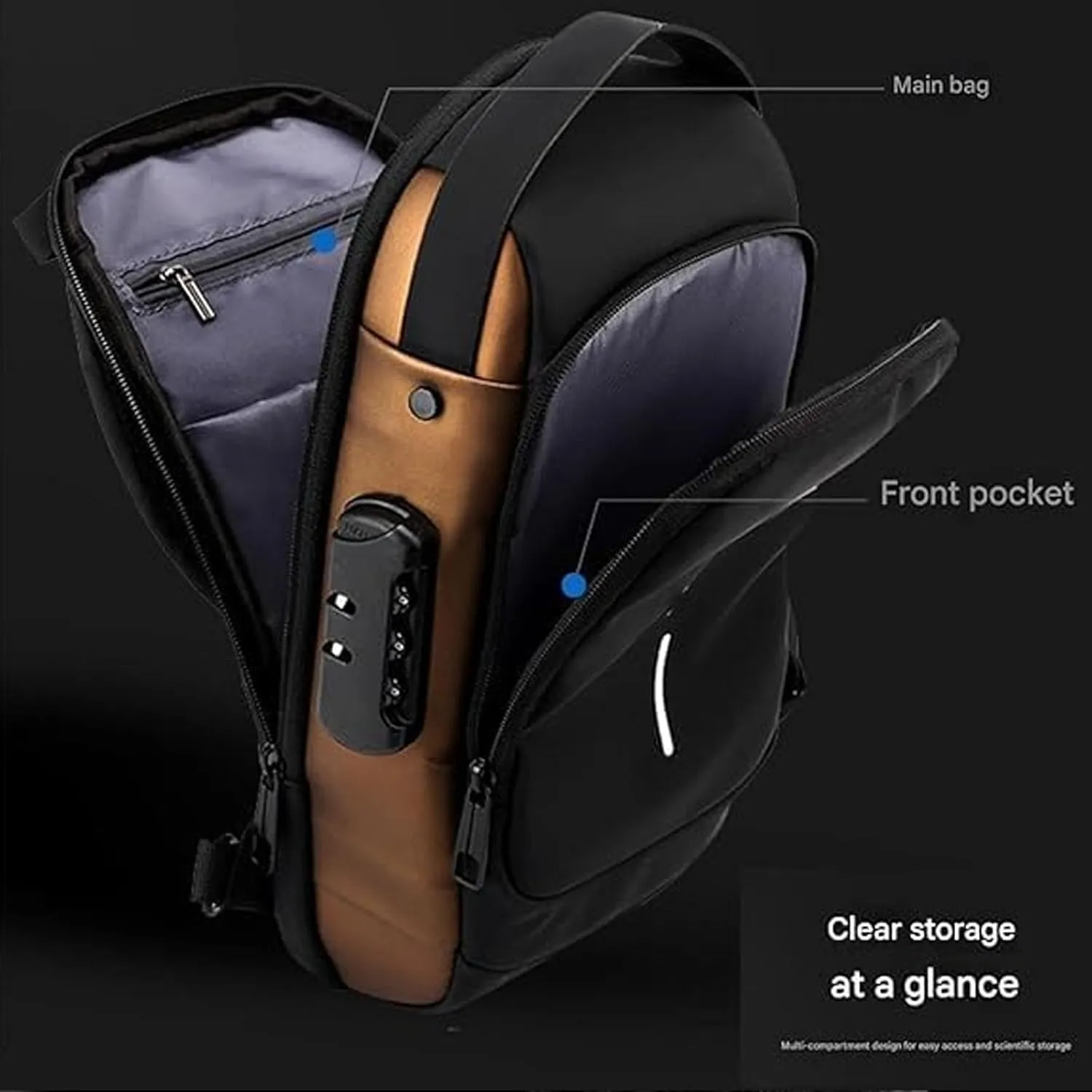 Sling Crossbody Anti-Theft Bag, Carbon Fiber Streamline Anti-Theft Sling Bags, Waterproof USB Charging Sports Backpack (Black Gold)