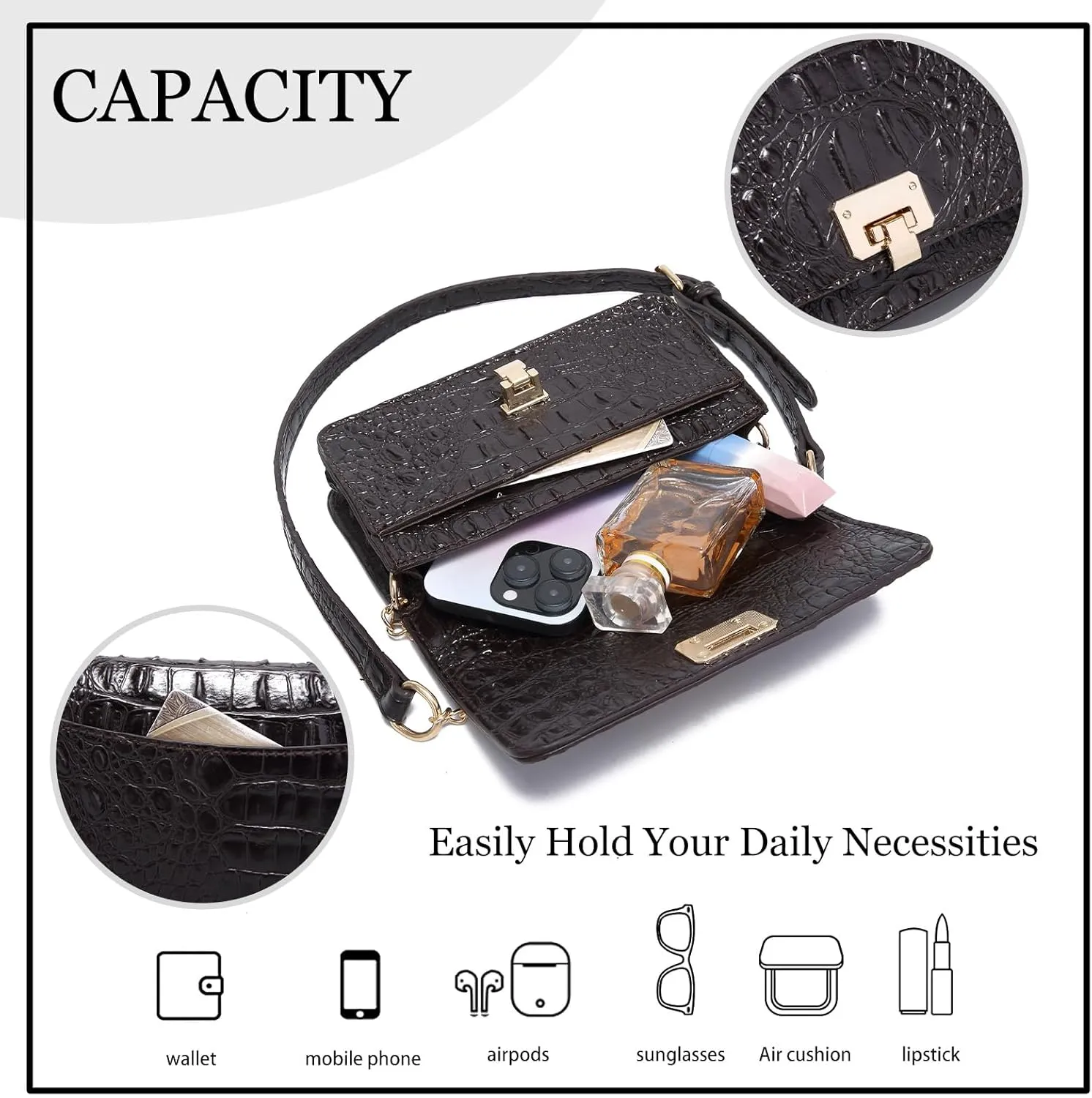 Small Crocodile Crossbody Cell Phone Purse for women Vegan Leather Clutch Wallet with Leather Shoulder Strap