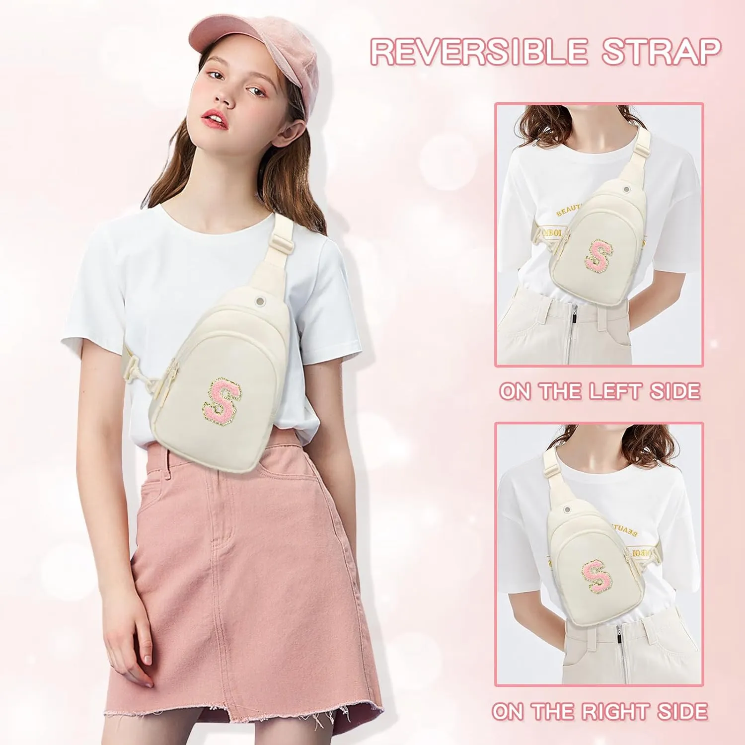 Small Initial Crossbody Sling Bag for Girls and Women, Cute Kids Fanny Pack, Personalized Gift for 7 8 9 10 11 12 13 Year Old Girls(Beige,S)