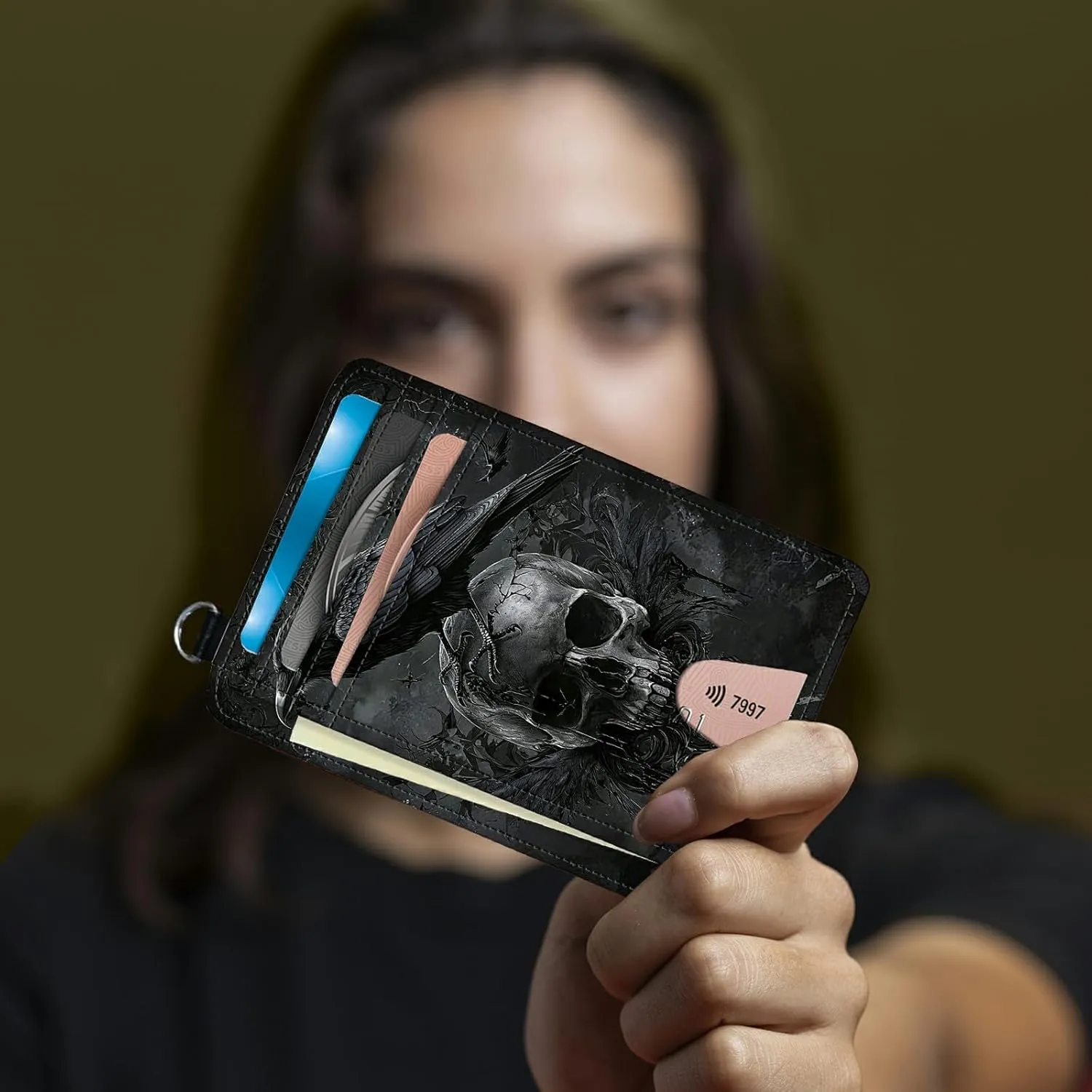 Small Travel Wallets, Crow Skull Slim Minimalist Front Pocket Wallet with Wristlet, RFID Blocking PU Leather Credit Card Holder with ID Window Change Purse for Men Women