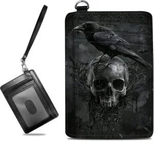 Small Travel Wallets, Crow Skull Slim Minimalist Front Pocket Wallet with Wristlet, RFID Blocking PU Leather Credit Card Holder with ID Window Change Purse for Men Women