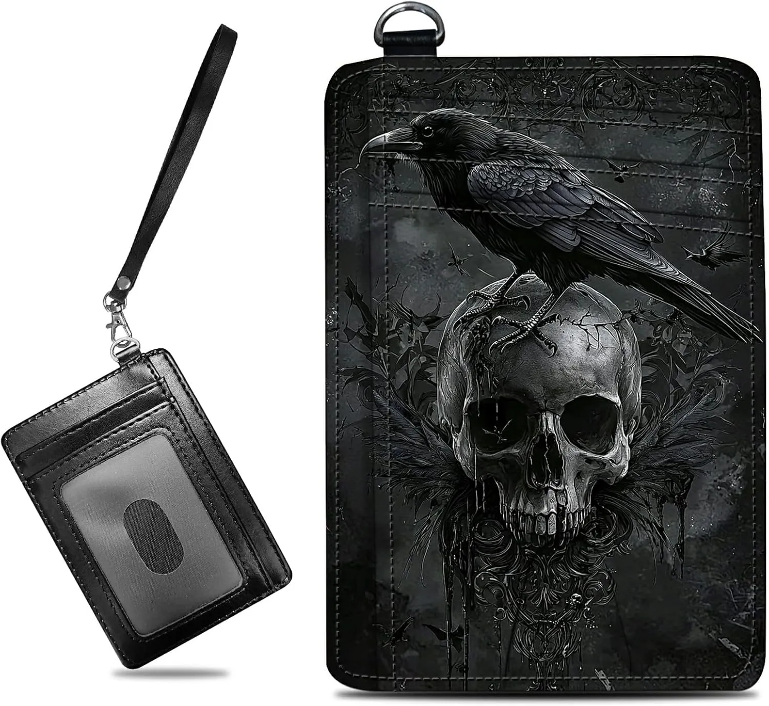 Small Travel Wallets, Crow Skull Slim Minimalist Front Pocket Wallet with Wristlet, RFID Blocking PU Leather Credit Card Holder with ID Window Change Purse for Men Women