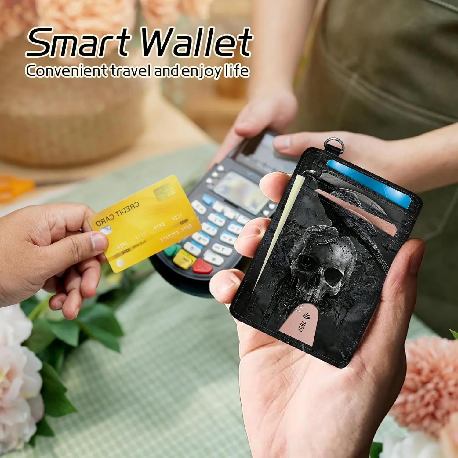 Small Travel Wallets, Crow Skull Slim Minimalist Front Pocket Wallet with Wristlet, RFID Blocking PU Leather Credit Card Holder with ID Window Change Purse for Men Women