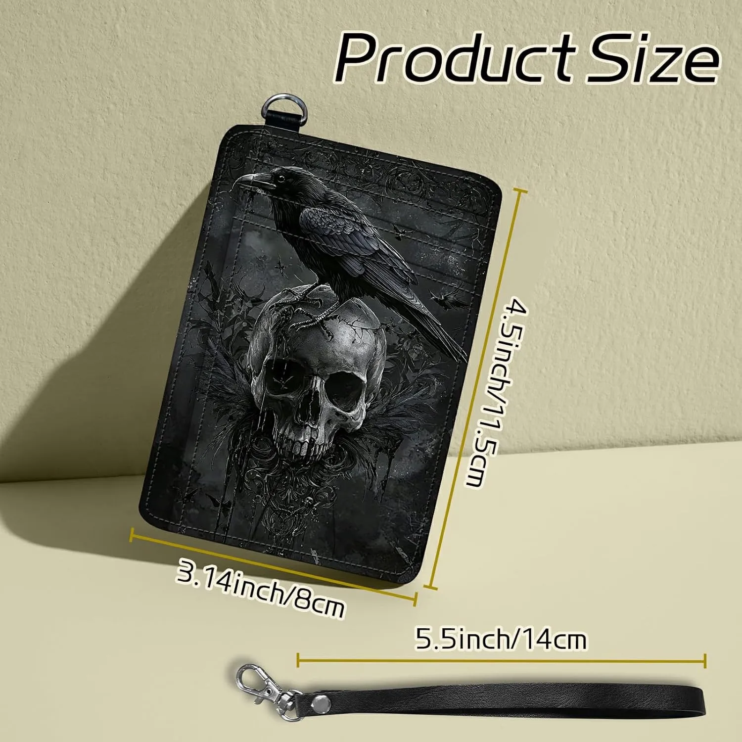 Small Travel Wallets, Crow Skull Slim Minimalist Front Pocket Wallet with Wristlet, RFID Blocking PU Leather Credit Card Holder with ID Window Change Purse for Men Women