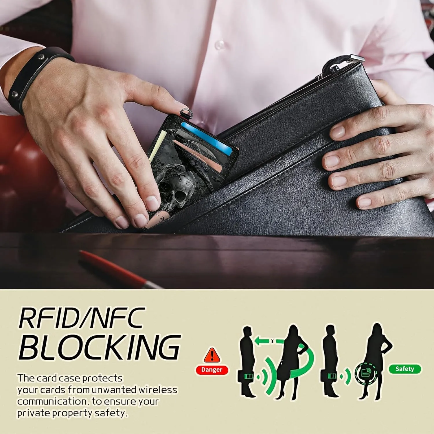 Small Travel Wallets, Crow Skull Slim Minimalist Front Pocket Wallet with Wristlet, RFID Blocking PU Leather Credit Card Holder with ID Window Change Purse for Men Women