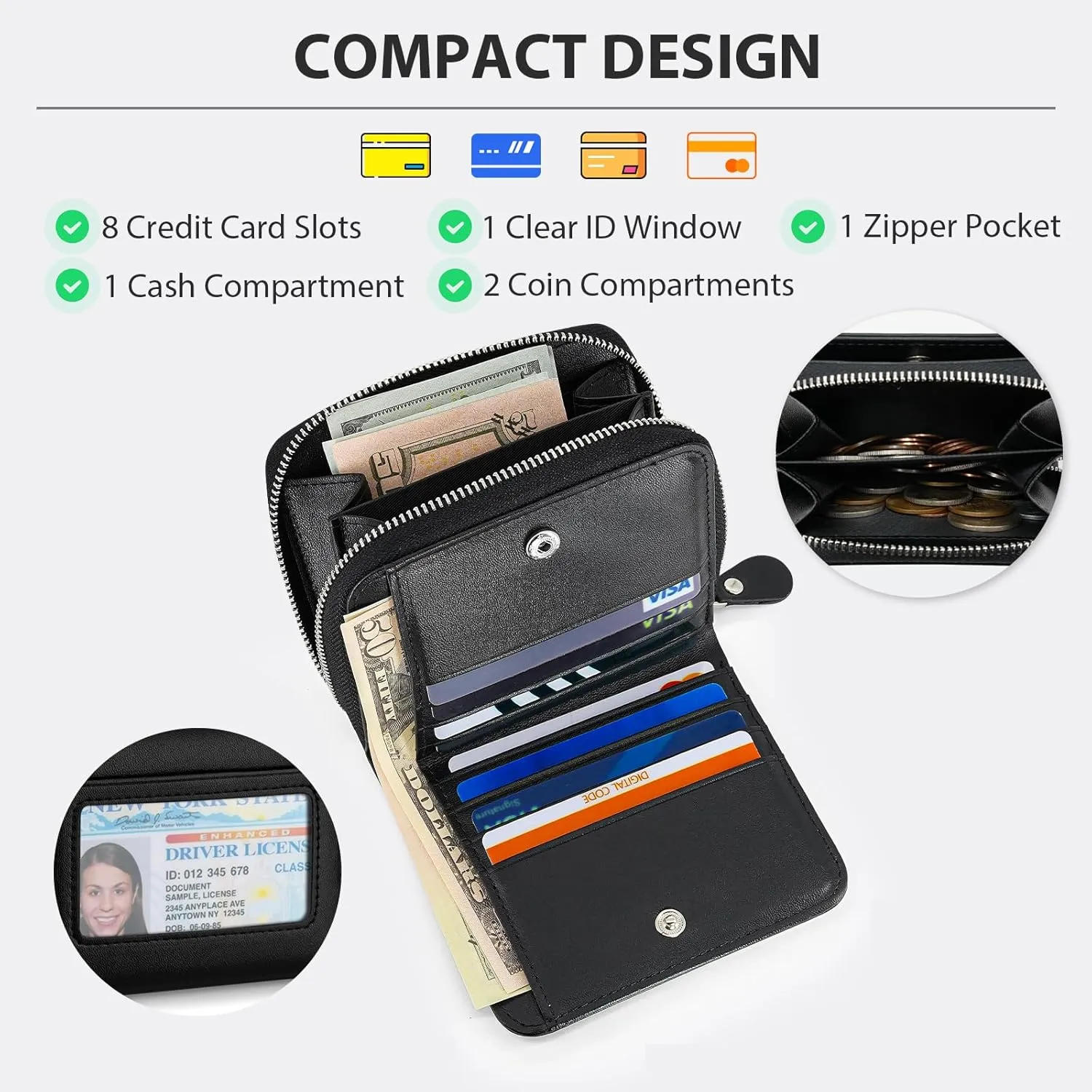 Small Wallet for Women, Genuine Leather RFID Blocking Credit Card Holder Slim Compact Coin Purse Women's Wallets with ID Window 8 Card Slots