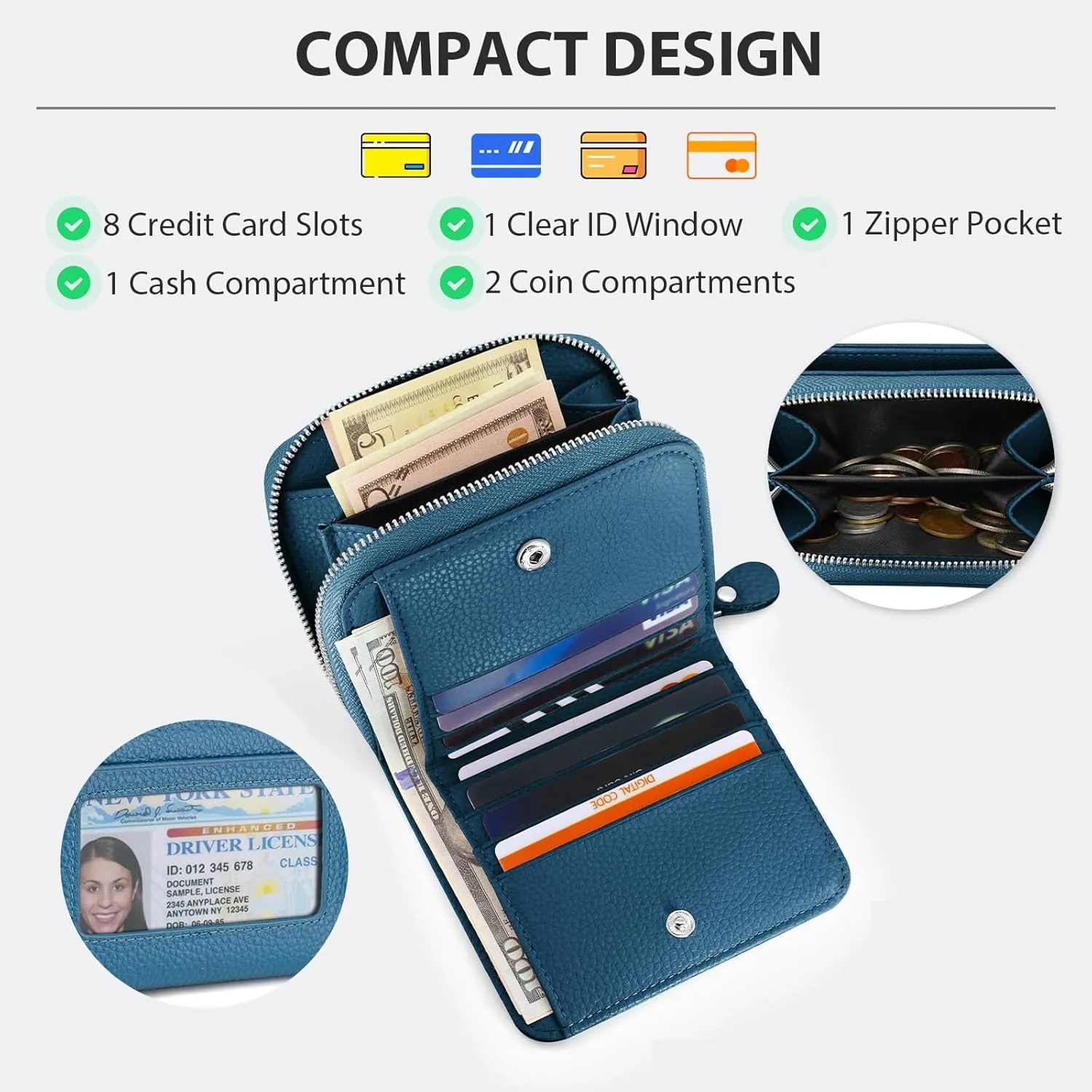 Small Wallet for Women, Genuine Leather RFID Blocking Credit Card Holder Slim Compact Coin Purse Women's Wallets with ID Window 8 Card Slots