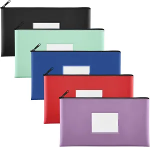 SMARTAKE 5-Pack Bank Deposit Money Bags with Zipper, PU Leather Bags Cash Wallet Pouches with Label, for Coins, Cosmetics, Invoice, Bills, Tools, 11.5 x 6.2 Inches, 5 Colors
