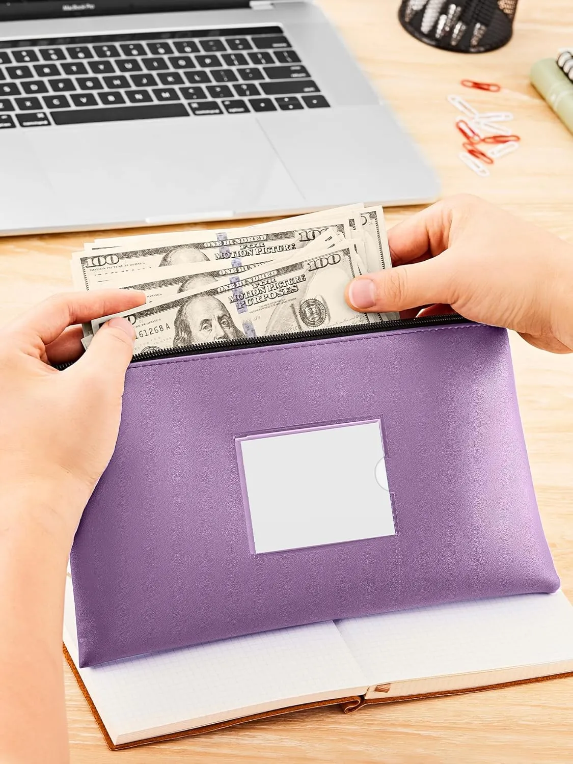 SMARTAKE 5-Pack Bank Deposit Money Bags with Zipper, PU Leather Bags Cash Wallet Pouches with Label, for Coins, Cosmetics, Invoice, Bills, Tools, 11.5 x 6.2 Inches, 5 Colors