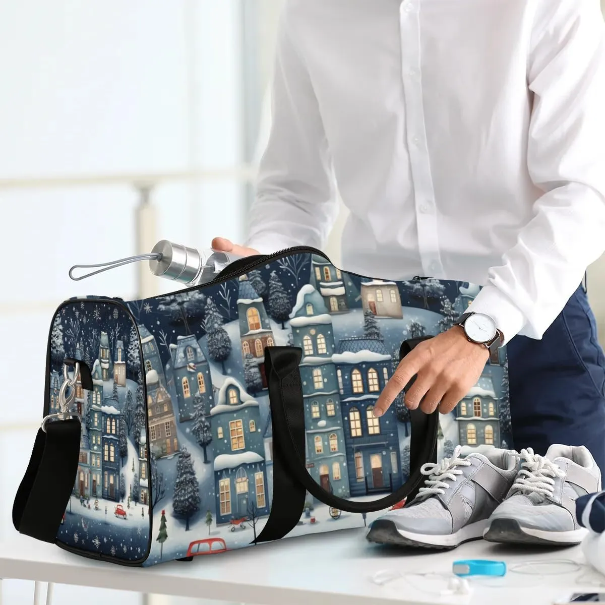 Snow Scene Winter Travel Duffel Bag for Women Men Waterproof Foldable Overnight Weekender Bag Large Capacity Sports Gym Bag