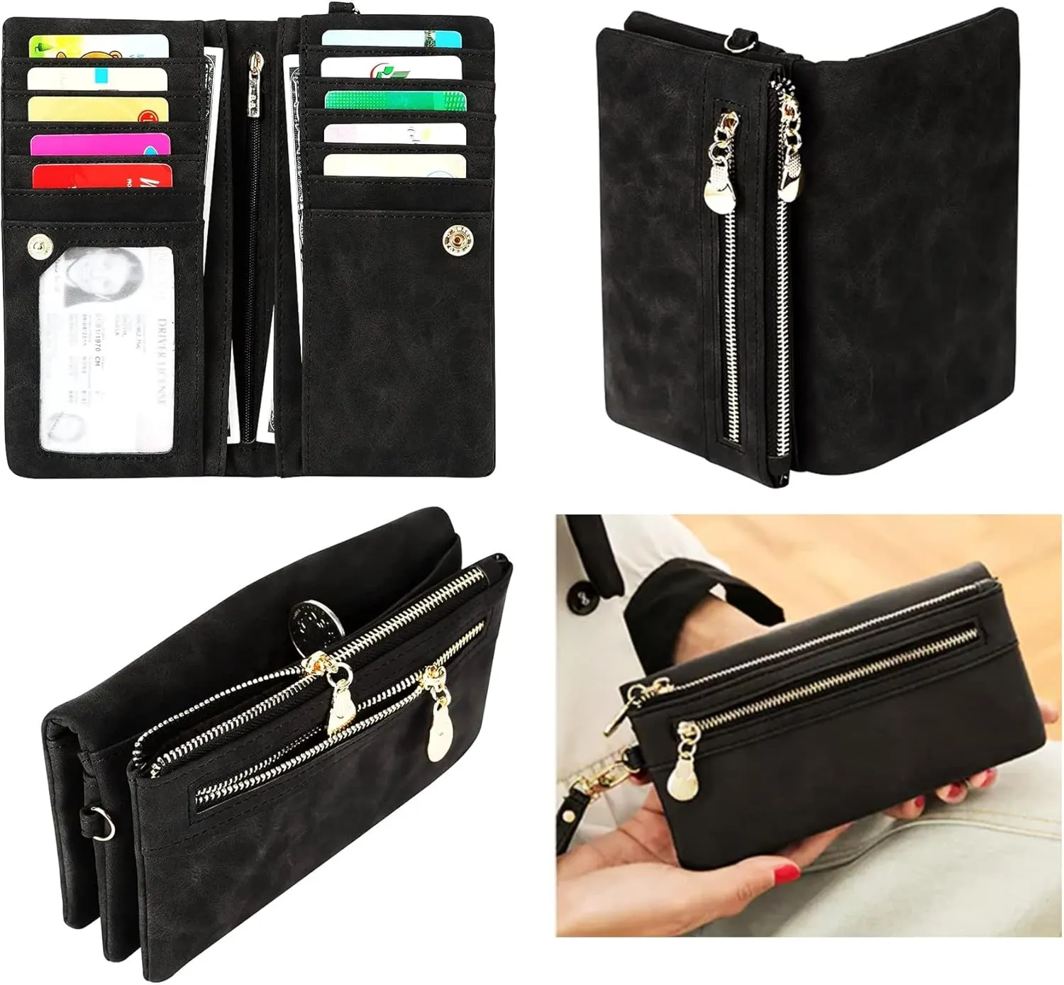 Soft Leather Long Wallet Wristlet with hand Strap Clutch Bag for Women Card holder Phone Bag (Black)