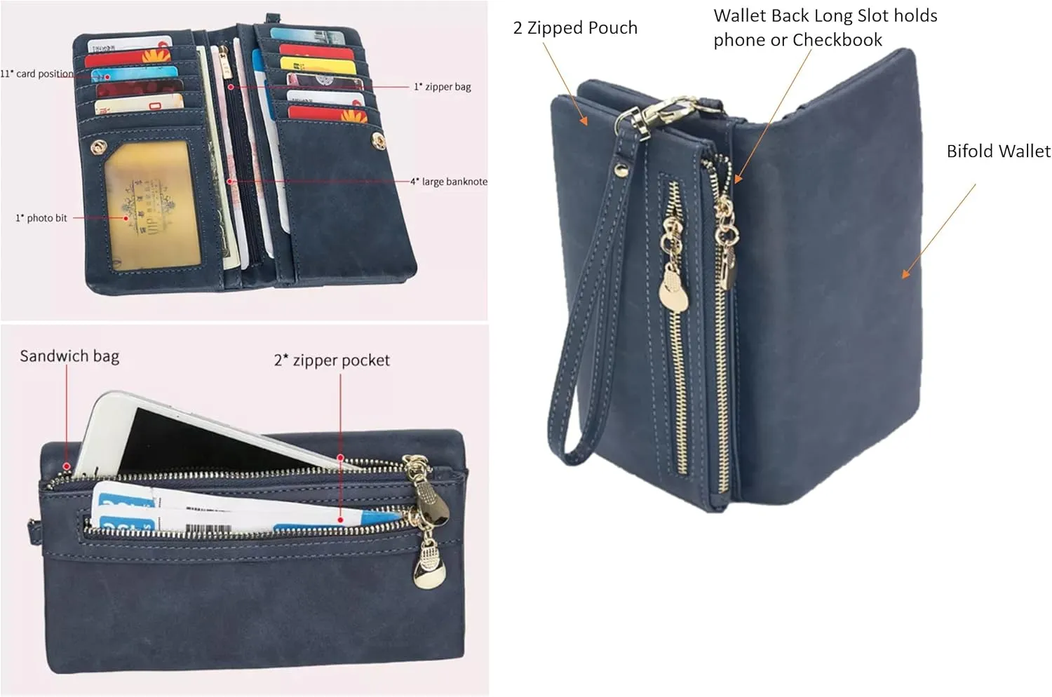 Soft Leather Long Wallet Wristlet with hand Strap Clutch Bag for Women Card holder Phone Bag (Black)