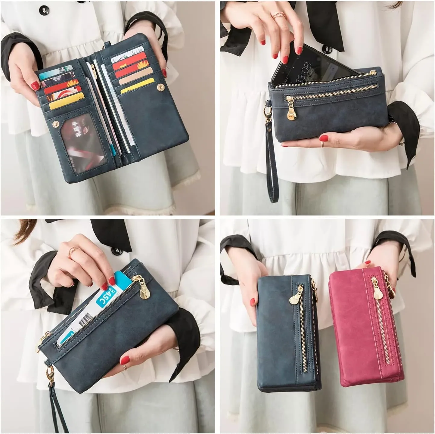 Soft Leather Long Wallet Wristlet with hand Strap Clutch Bag for Women Card holder Phone Bag (Navy Blue)