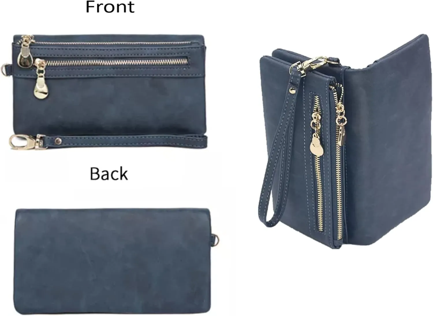 Soft Leather Long Wallet Wristlet with hand Strap Clutch Bag for Women Card holder Phone Bag (Navy Blue)