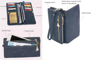 Soft Leather Long Wallet Wristlet with hand Strap Clutch Bag for Women Card holder Phone Bag (Navy Blue)
