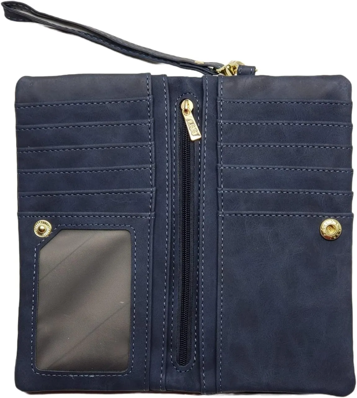 Soft Leather Long Wallet Wristlet with hand Strap Clutch Bag for Women Card holder Phone Bag (Navy Blue)