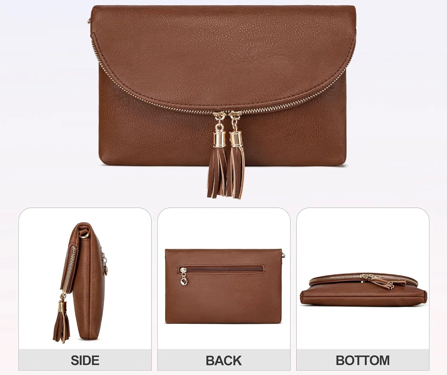 Solene Womens Envelop Clutch Purse Multi Compartments, 6 Card Slot Inside, Crossbody Bag With Tassels