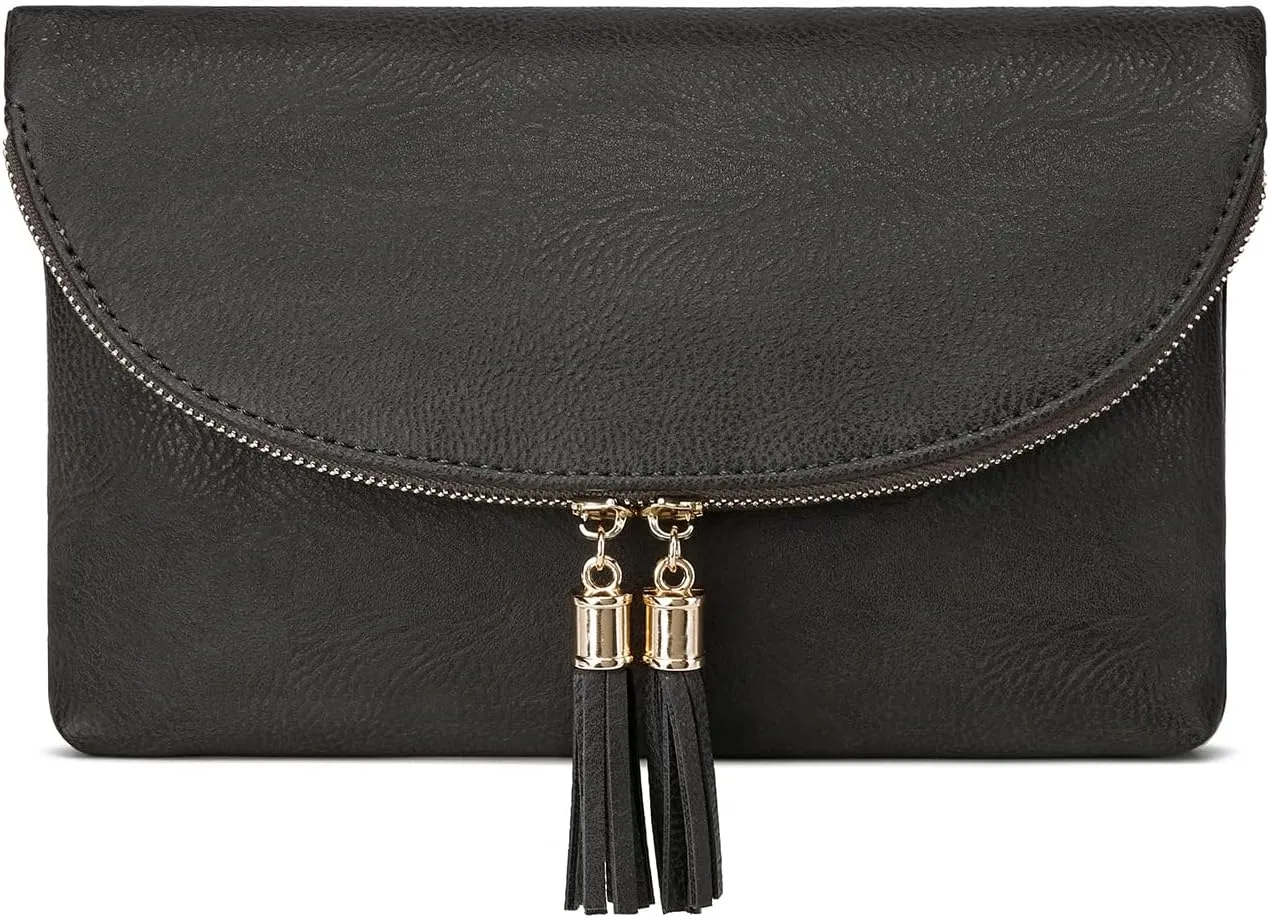 Solene Womens Envelop Clutch Purse Multi Compartments, 6 Card Slot Inside, Crossbody Bag With Tassels