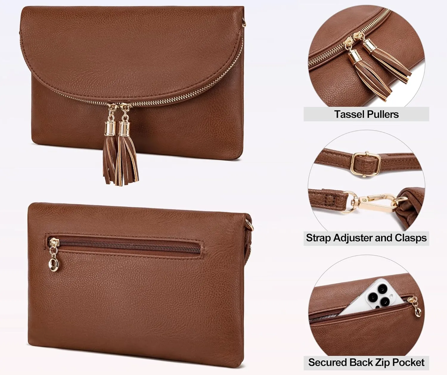 Solene Womens Envelop Clutch Purse Multi Compartments, 6 Card Slot Inside, Crossbody Bag With Tassels