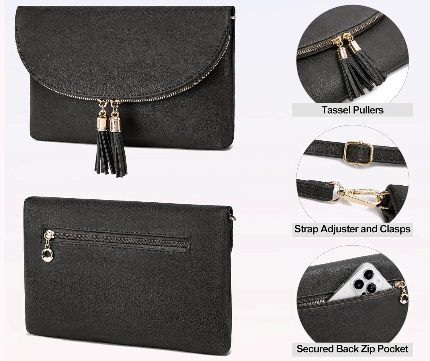 Solene Womens Envelop Clutch Purse Multi Compartments, 6 Card Slot Inside, Crossbody Bag With Tassels