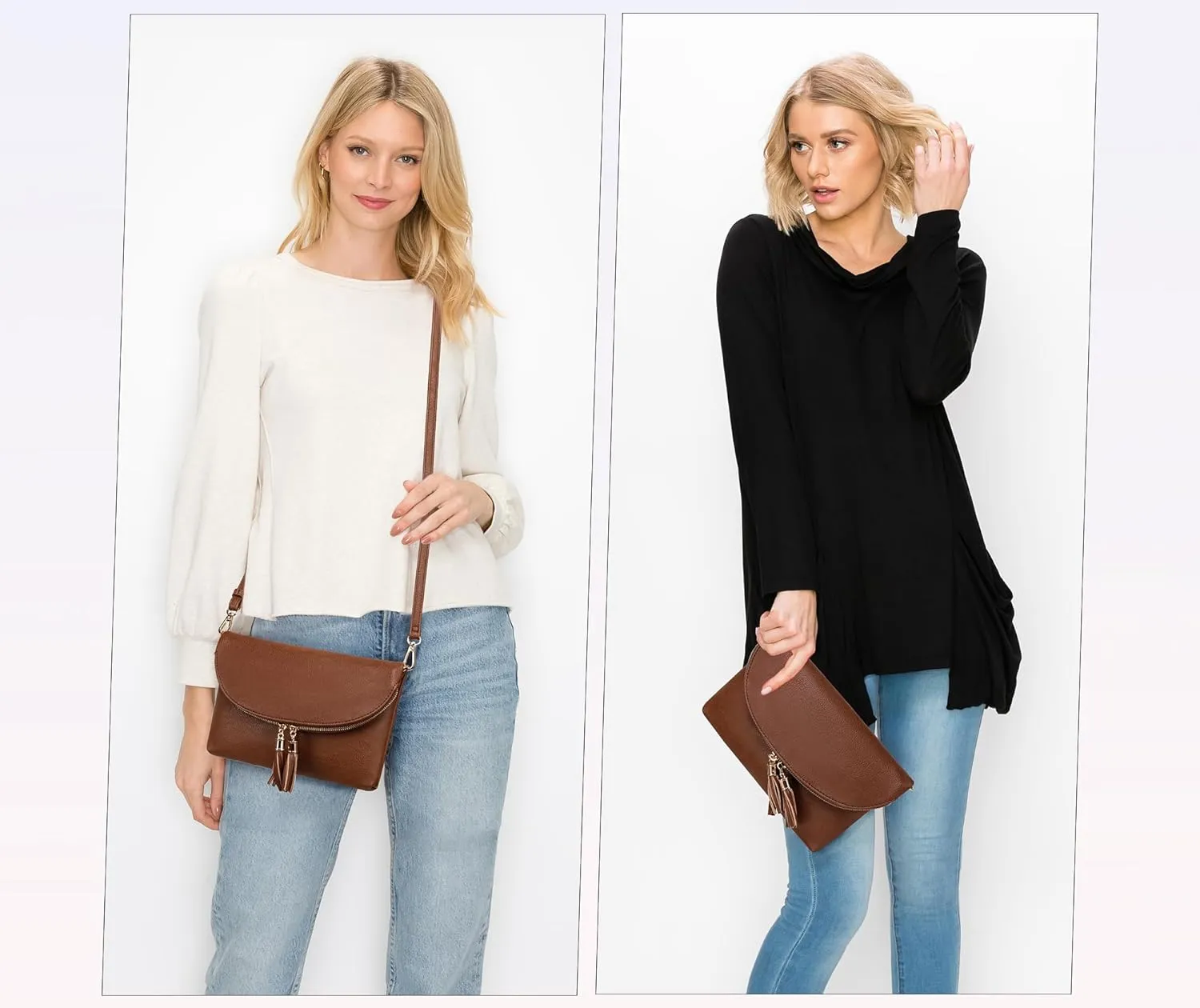Solene Womens Envelop Clutch Purse Multi Compartments, 6 Card Slot Inside, Crossbody Bag With Tassels