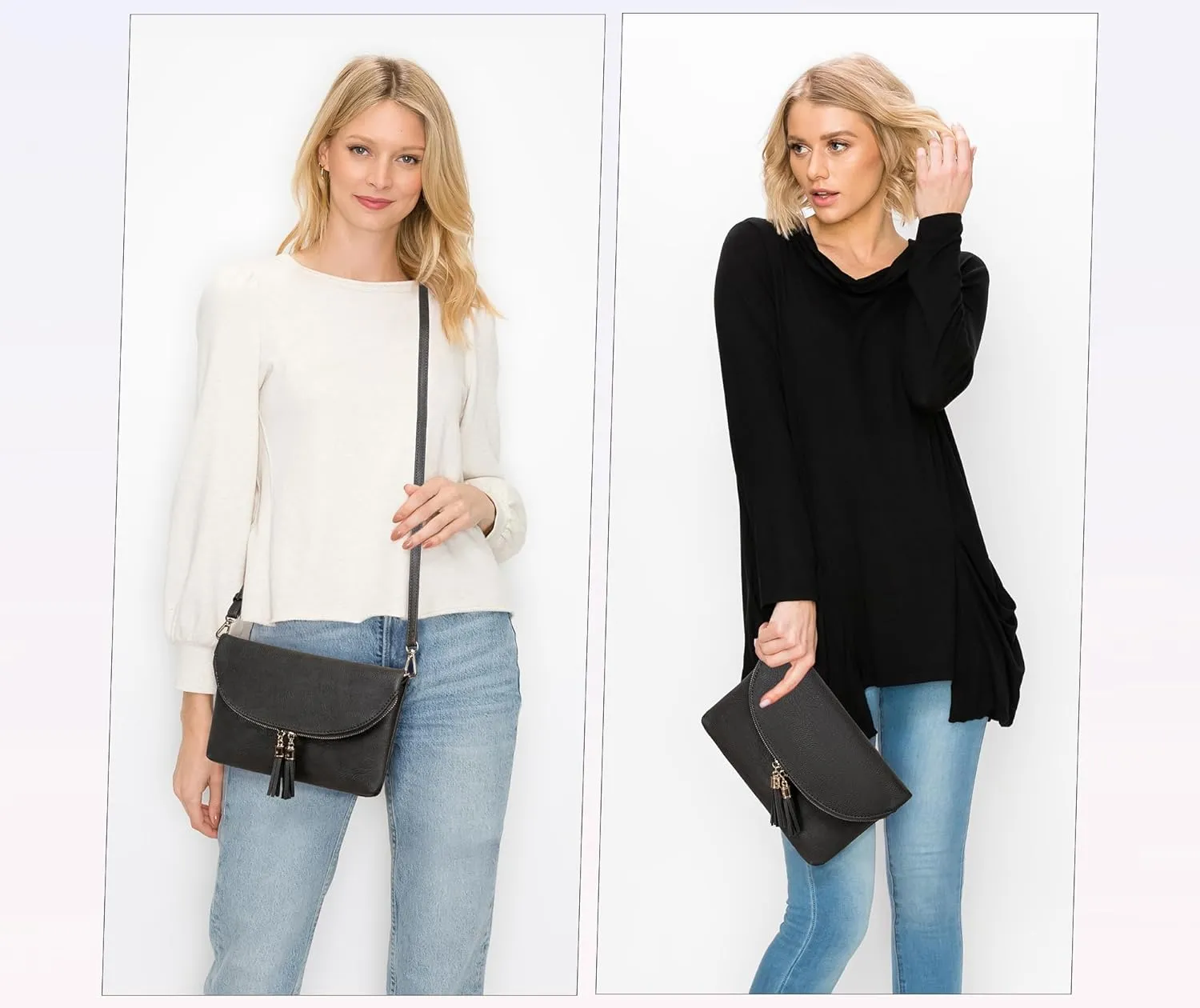 Solene Womens Envelop Clutch Purse Multi Compartments, 6 Card Slot Inside, Crossbody Bag With Tassels