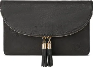 Solene Womens Envelop Clutch Purse Multi Compartments, 6 Card Slot Inside, Crossbody Bag With Tassels