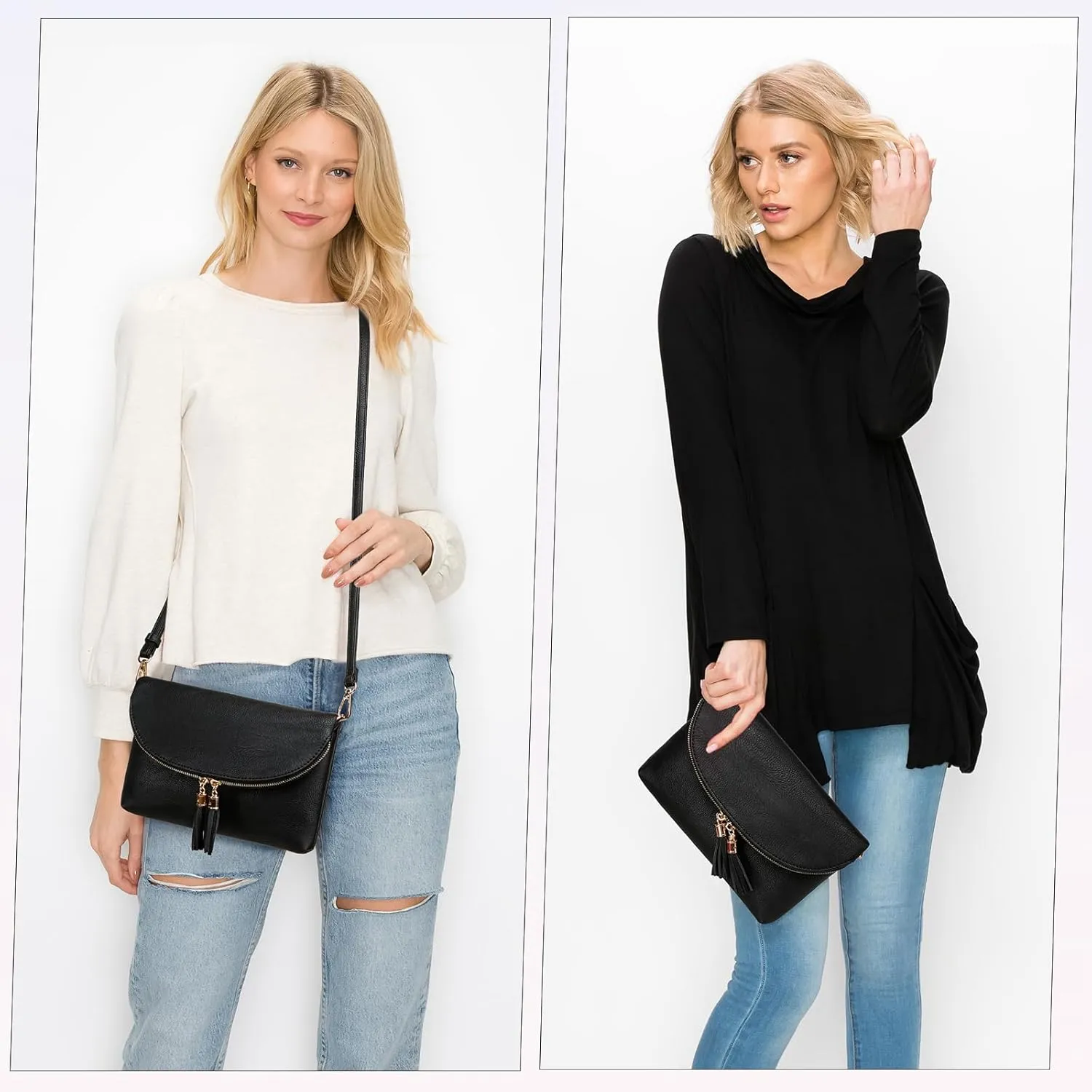 Solene Womens Envelop Clutch Purse Multi Compartments, 6 Card Slot Inside, Crossbody Bag With Tassels