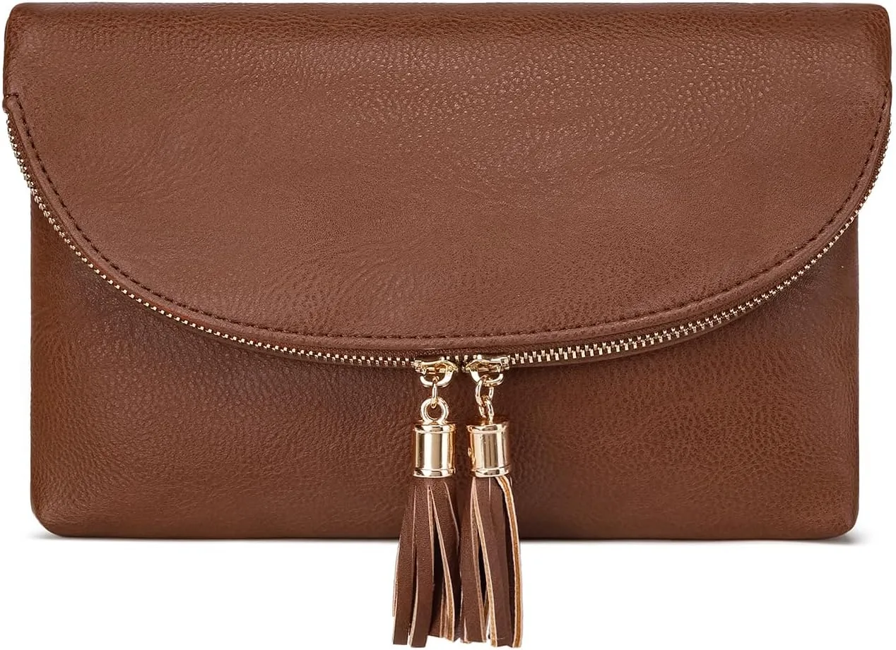 Solene Womens Envelop Clutch Purse Multi Compartments, 6 Card Slot Inside, Crossbody Bag With Tassels