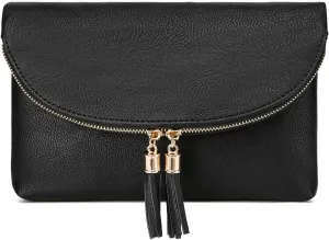 Solene Womens Envelop Clutch Purse Multi Compartments, 6 Card Slot Inside, Crossbody Bag With Tassels